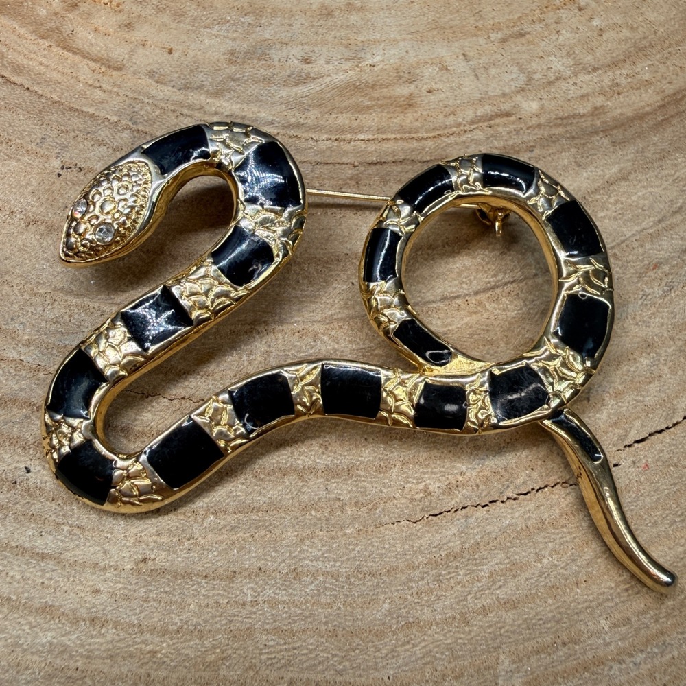 Vintage Gold Black Enamel Snake Brooch Rhinestone Eye Serpent Pin Brooch